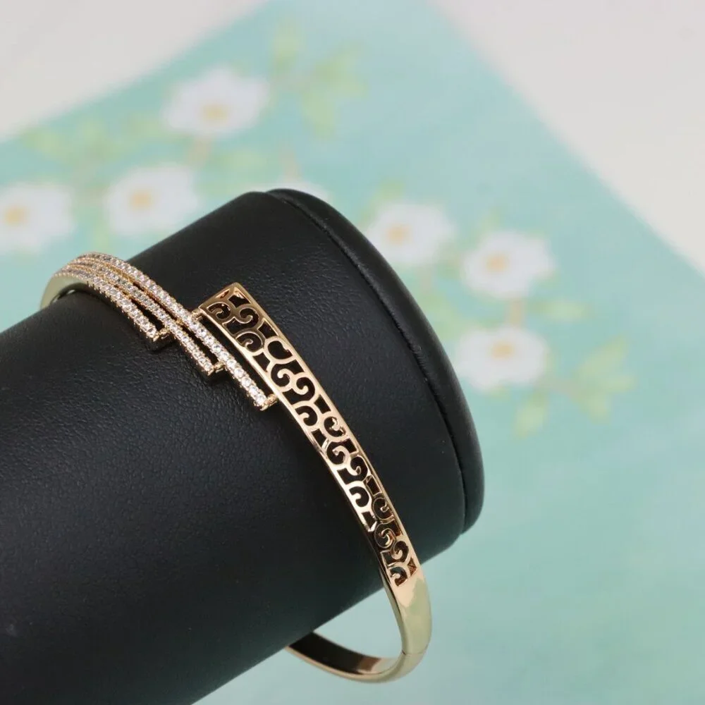 Rose Gold Bangle with Cutout Scroll Design and Triple Row Stones, XPBL0526 - Picture 9 of 12